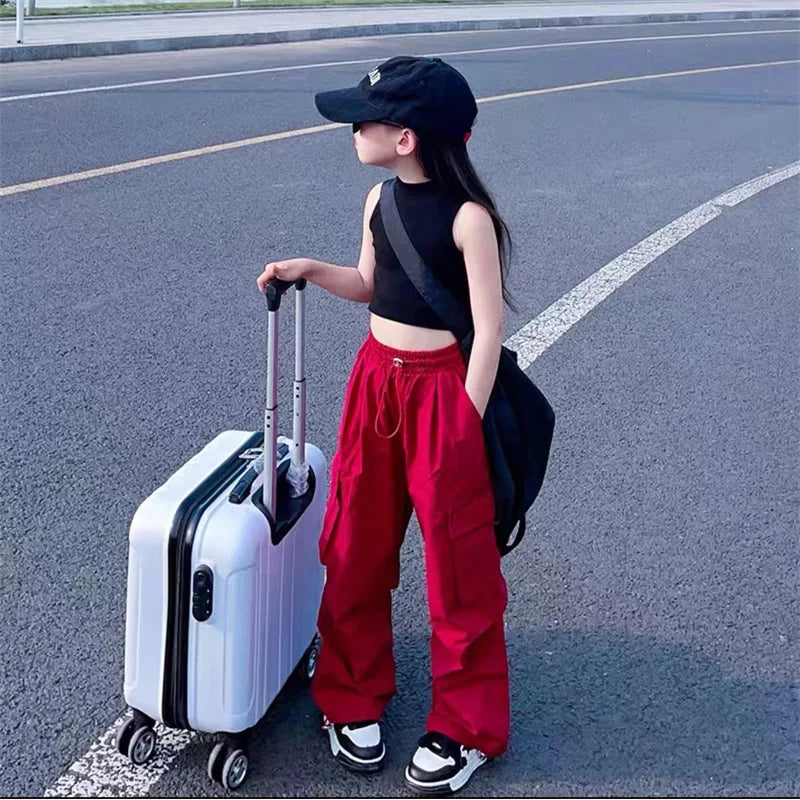 Calças Cargo para Meninas, Roupas de Trabalho Soltas para Crianças, Calças Leves para Primavera e Outono, Roupas Casuais para Adolescentes