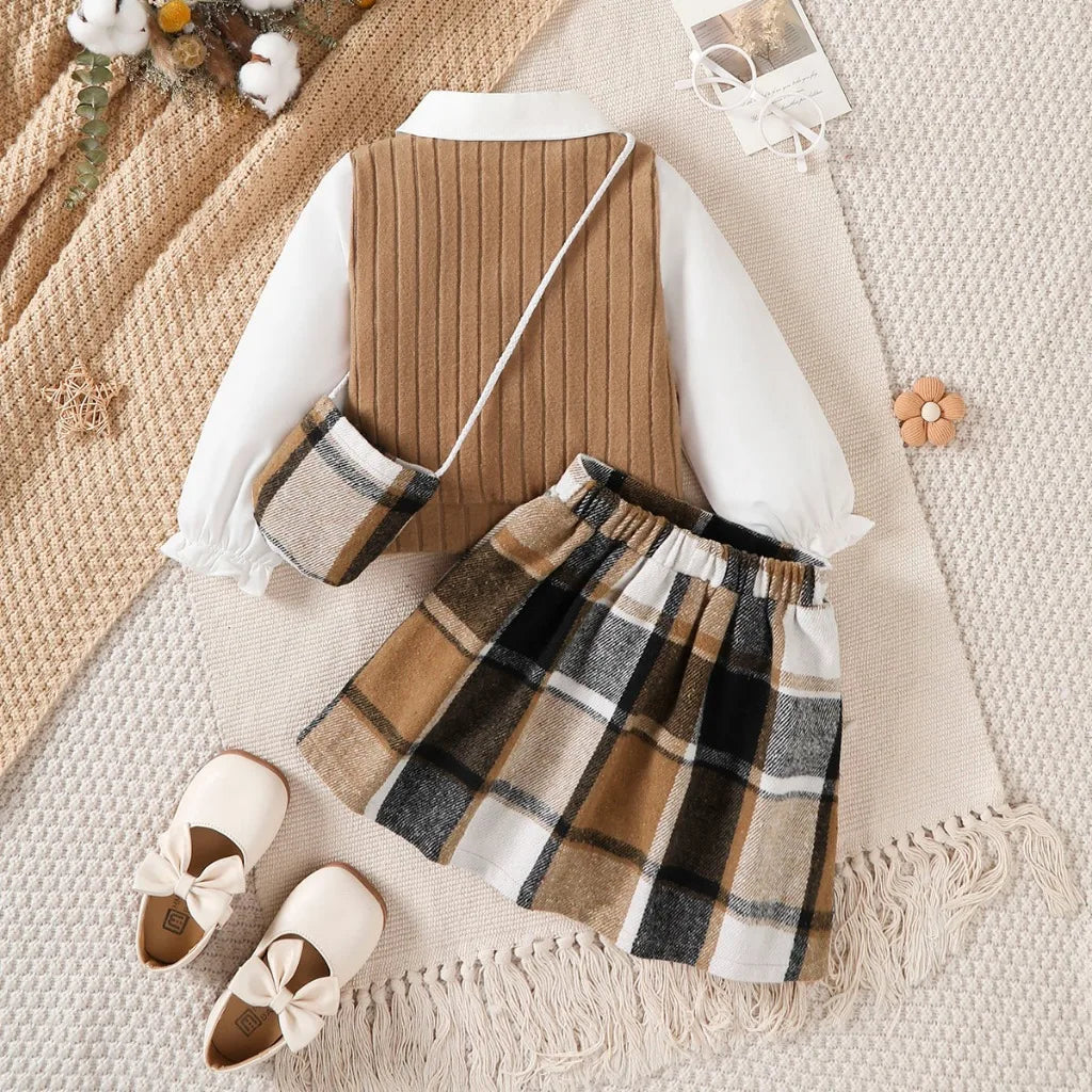 Outono crianças meninas saia conjunto de manga comprida topo + saia xadrez + bolsa de ombro 3 pçs estilo japonês-coreano traje para menina 4-7 anos