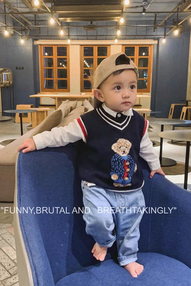Colete camisola para crianças urso malha topos sem mangas pulôver de malha de natal bonito bebê meninos meninas roupas crianças sem mangas topos