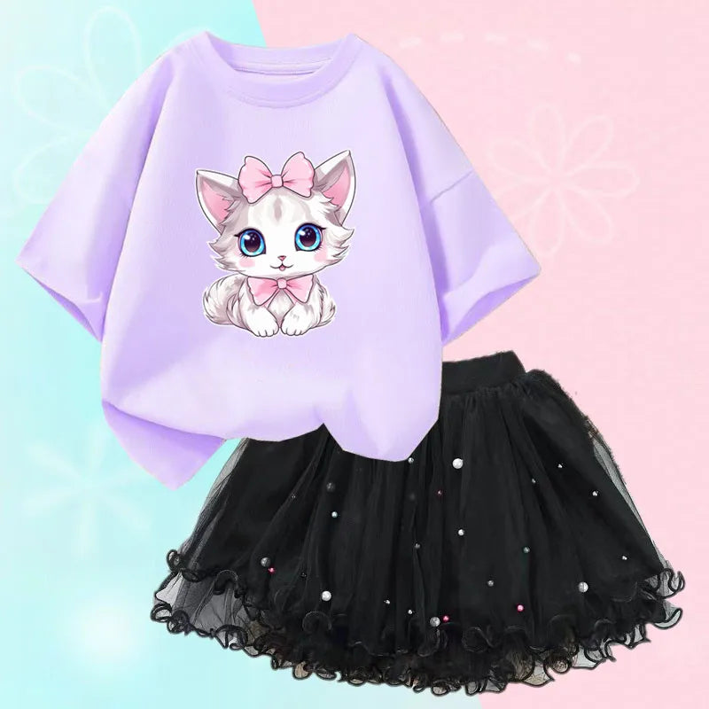 Roupas de verão para meninas, camiseta fofa de gato e saia tutu de malha, conjunto de duas peças, roupas coreanas para crianças de 3 a 14 anos