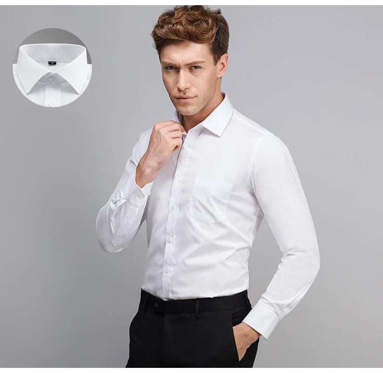 Camisas sociais masculinas clássicas de manga comprida, ajuste padrão, formal, negócios, social, simples, design básico, branco, trabalho, escritório, camisa casual