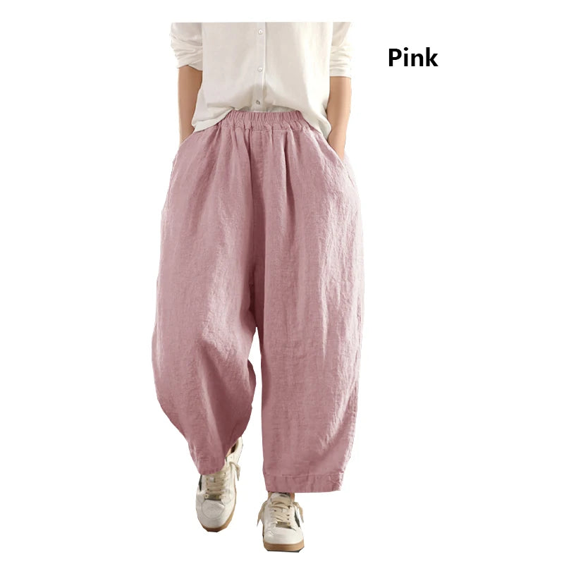 Calças compridas femininas de linho puro natural, estilo solto e retrô, calças largas, roupas de tamanho grande, casuais ao ar livre, confortáveis e legais