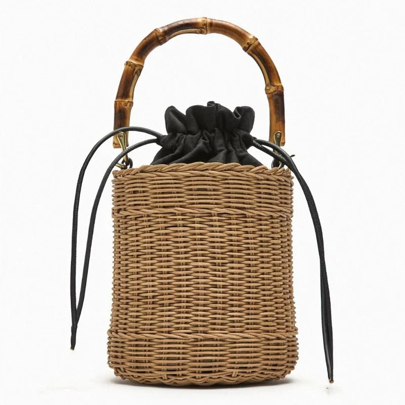 Novo balde de rattan tecido saco alça de bambu bolsa feminina moda cilindro saco de palha férias viagem essencial bolsa de ombro