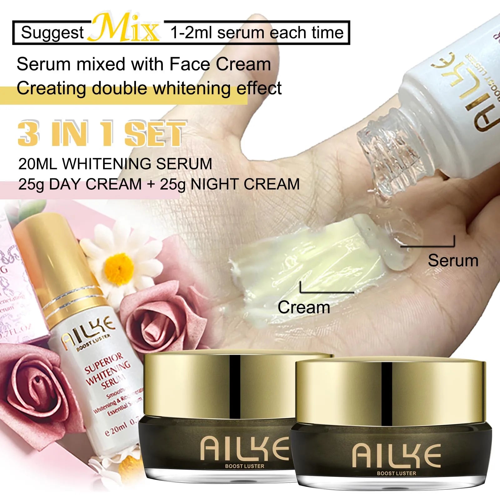 Creme facial clareador AILKE, reduz manchas escuras, rugas, melanina, mesmo tom de pele, com colágeno, glutationa, para todos os tipos de pele