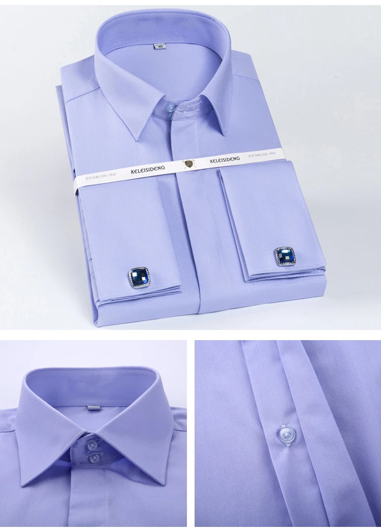 Camisa masculina clássica com punho francês, botão oculto, manga comprida, formal, ajuste padrão, camisas brancas (abotoaduras incluídas)
