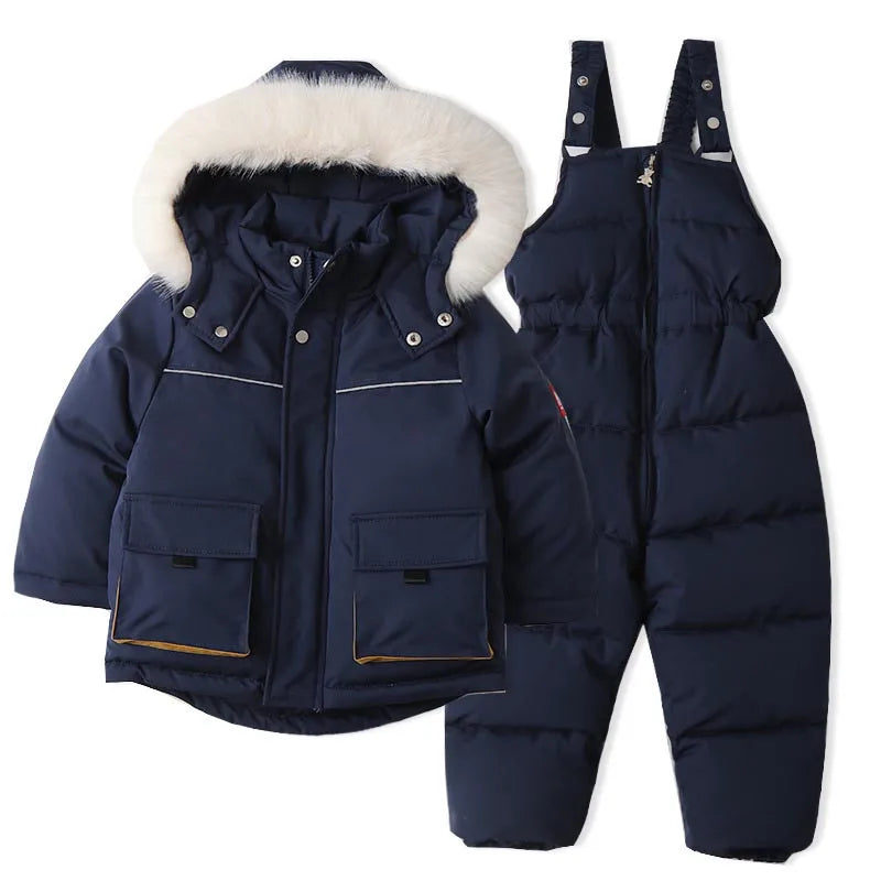 Terno de esqui infantil, jaqueta e calças à prova de vento e à prova d'água, casaco de neve, macacão, calças para baixo, parkas, conjuntos macios e quentes
