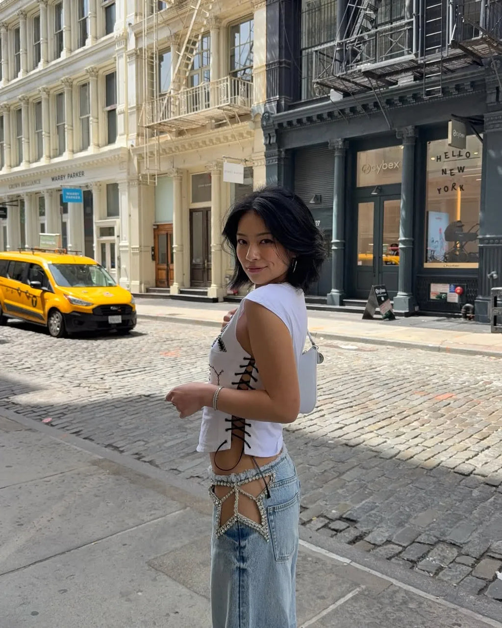 Calça Jeans Feminina Y2K Chic com Estrelas e Diamantes, Cintura Baixa, Recortes Laterais, Perna Larga Solta, Estilo Hip-Hop Streetwear Retrô Elegante
