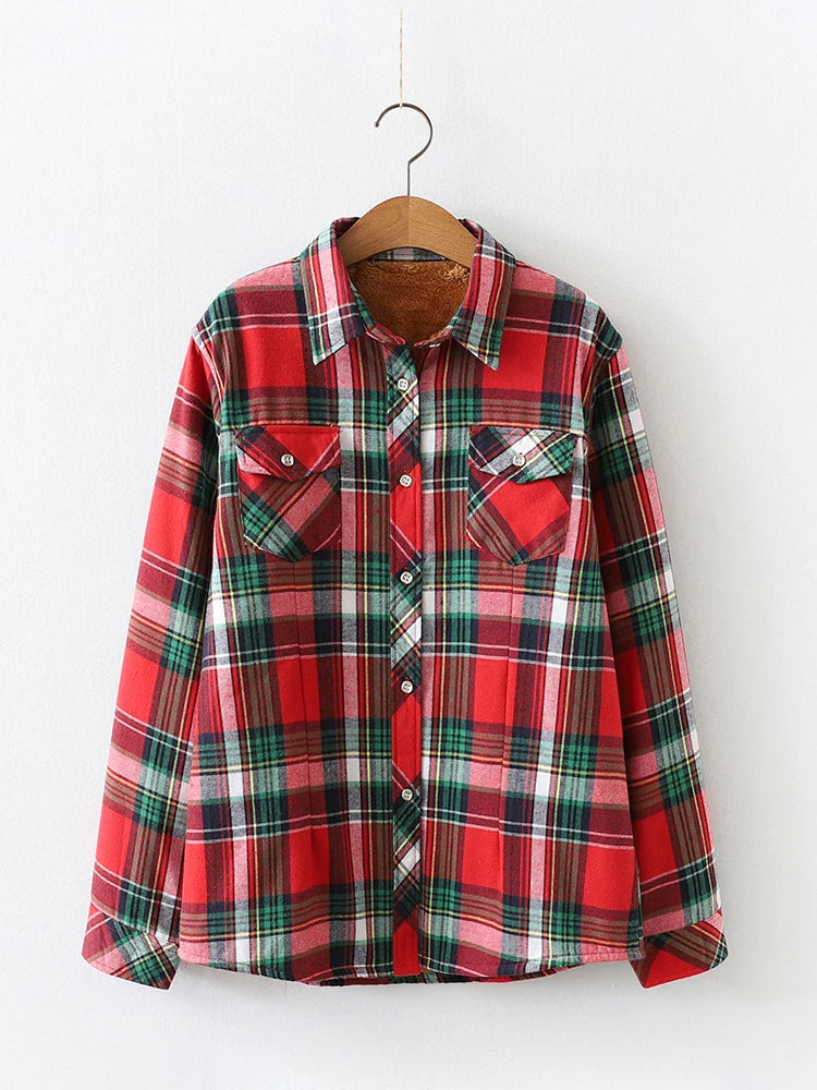 Camisa Xadrez Feminina de Veludo Grossa e Quente, Blusa Casual de Manga Longa com Forro de Lã para Inverno, Tamanhos M-5XL, Roupa de Outono T77710A