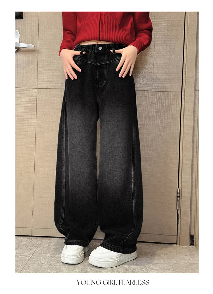 Crianças casuais solto em linha reta ajuste jeans para meninas perna larga legal calças jeans crianças adolescente primavera cintura elástica calças jeans