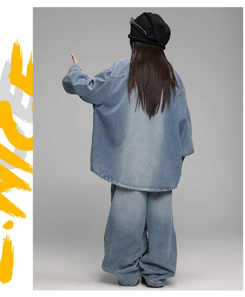 Crianças menino menina solta casual streetwear moda hip hop crianças denim camisa calça jeans define ternos agasalho roupas de palco traje
