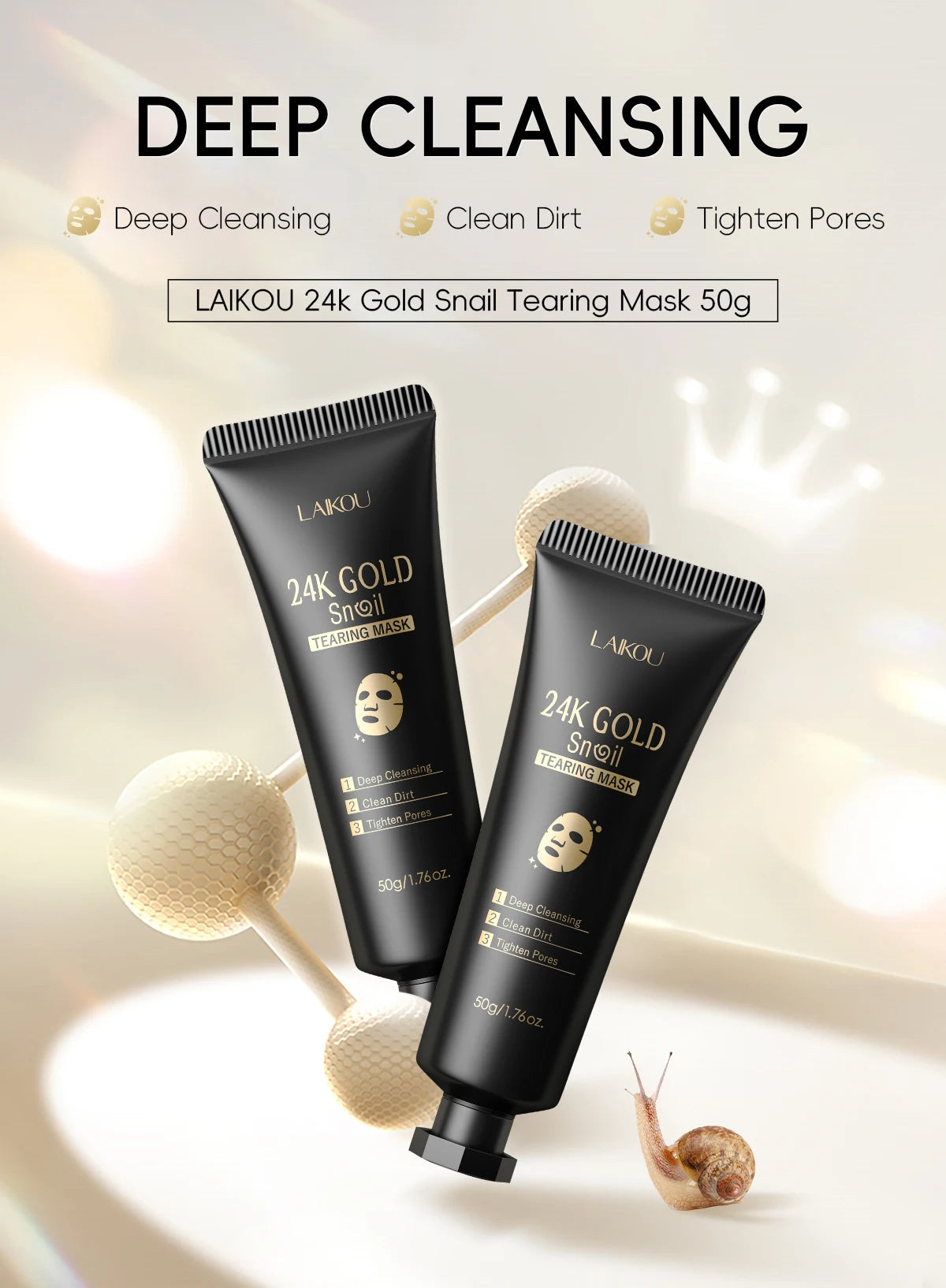 Laikou 24k ouro caracol peel-off máscara 3 pçs limpeza profunda poros aperto remoção de cravo desintoxicante tratamento facial 50g