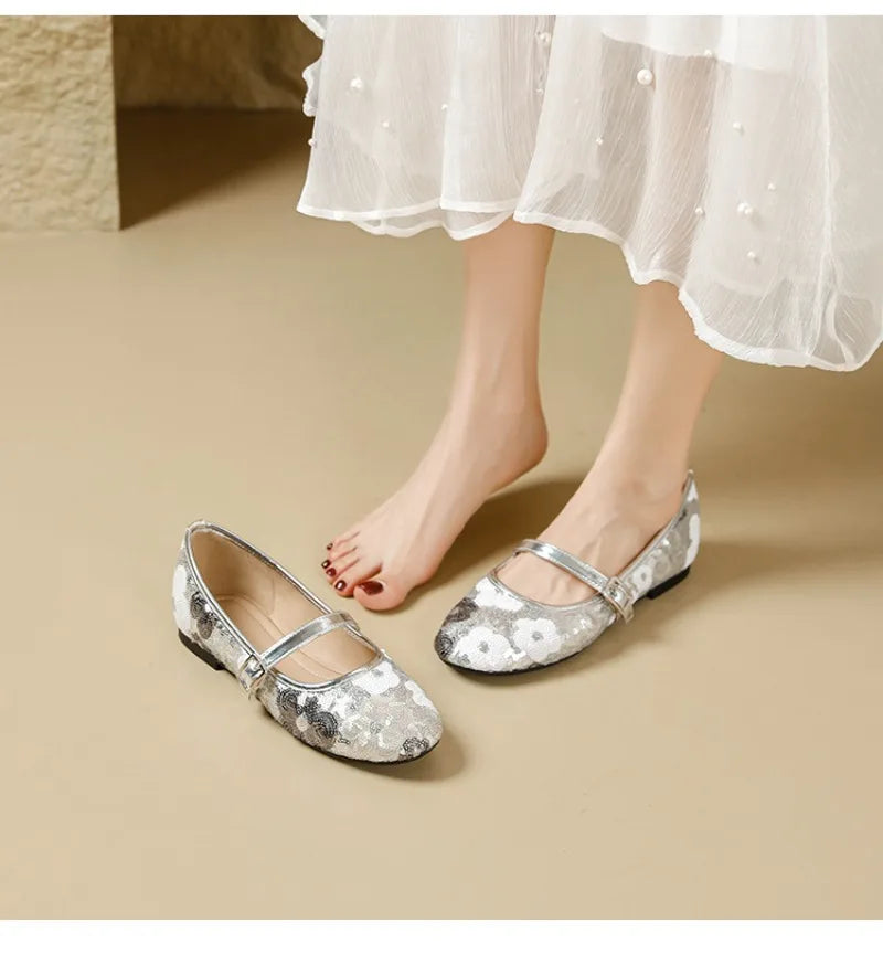 Luxo bling ballet flats feminino dedo do pé redondo colorido floral fivela design mary jane sapatos elegantes sapatos de festa conforto sandálias planas