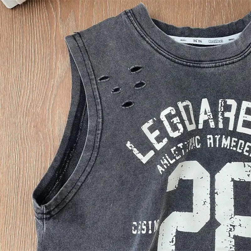 Verão bonito meninos novo preto puro algodão sem mangas perfurado camiseta estilo solto bebê crianças regata