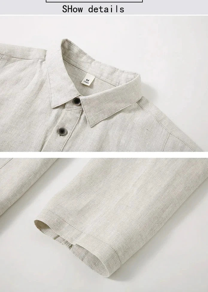 Camisa de Linho Pura de Manga Longa para Homens, Camiseta Leve e Respirável, Conjunto de Calças Casuais de Linho para Primavera e Outono
