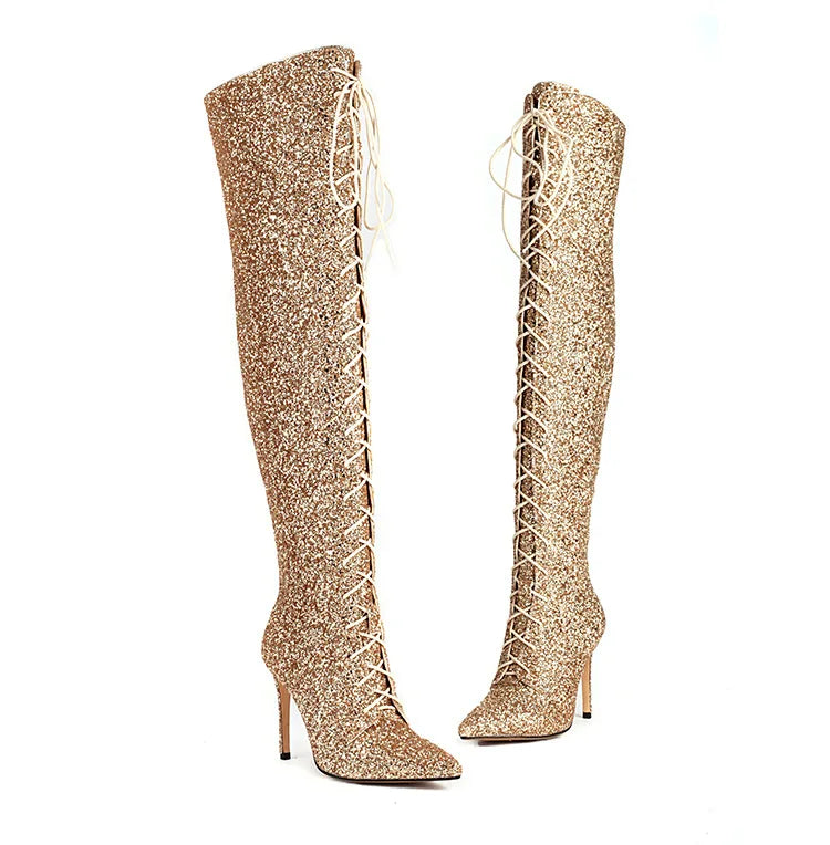 Botas femininas de lantejoulas acima do joelho, salto alto fino, botas longas pontiagudas, sapatos de festa para senhora, moda boate, 10cm, outono e inverno
