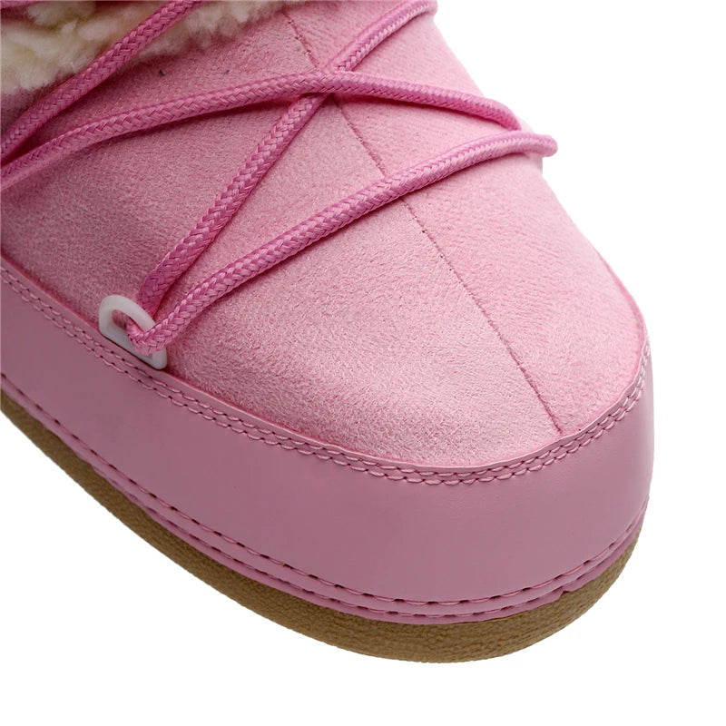 Botas de inverno rosa botas de neve femininas sola grossa botas de esqui quentes meados de bezerro botas de espaço antiderrapantes sapatos de algodão navio livre