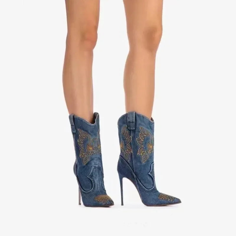 Moda feminina europeia e americana salto alto apontado ocidental denim bordado linha joelho manga alta botas de strass