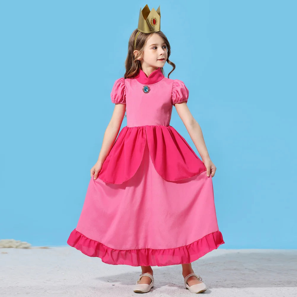 Pêssego rosalina vestido meninas margarida cosplay roupas crianças halloween vestir-se roupas de verão rendas applique princesa traje
