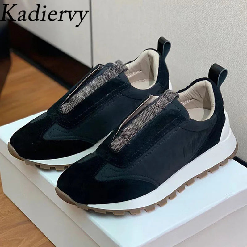Sapatos casuais mulher dedo do pé redondo corrente corda grânulo conforto tênis de corrida senhoras camurça vaca retalhos rendas até tênis planos