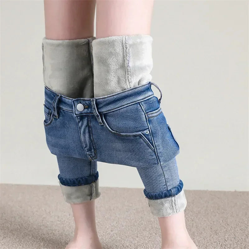 Inverno senhora térmica quente jeans de pelúcia magro estiramento jeans senhora fino ajuste lápis calças meninas perna reta denim