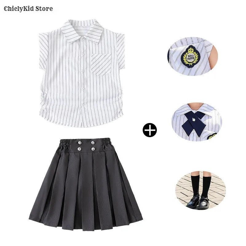Meninas coreano japonês preppy listrado blusa saias meninos camisas shorts crianças conjuntos de roupas verão estudantes uniformes escolares