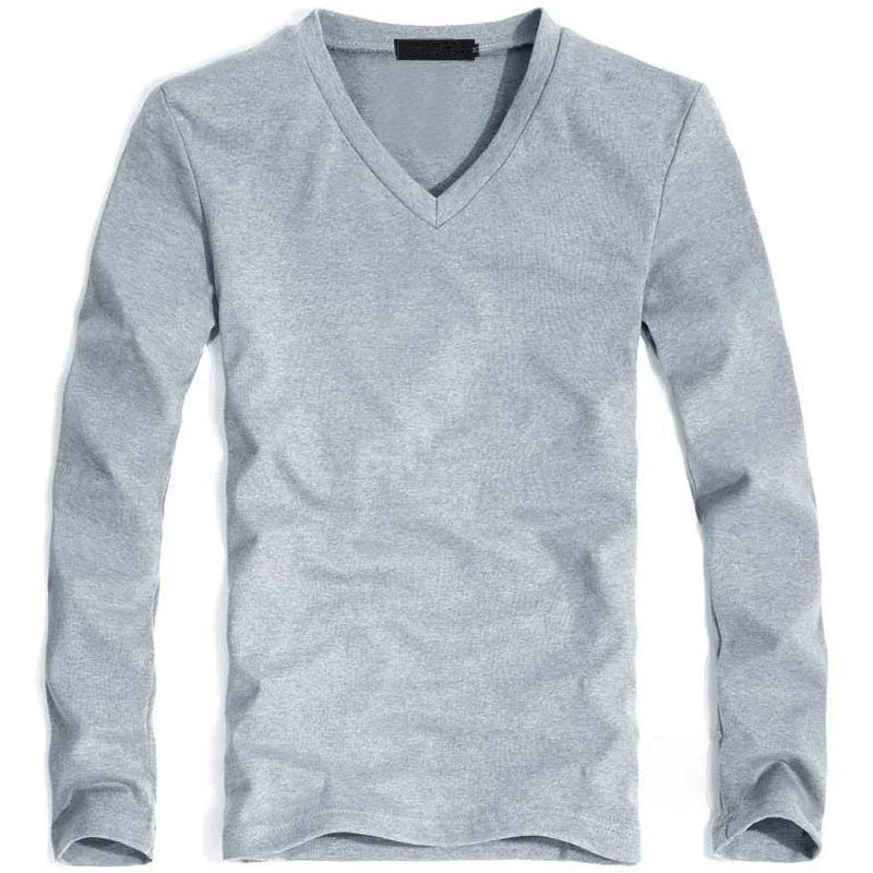 Camiseta Masculina Elástica 2026 com Decote em V e Manga Longa, Camisetas para Homens, Roupas Masculinas, Camiseta Nova em Cores Sólidas