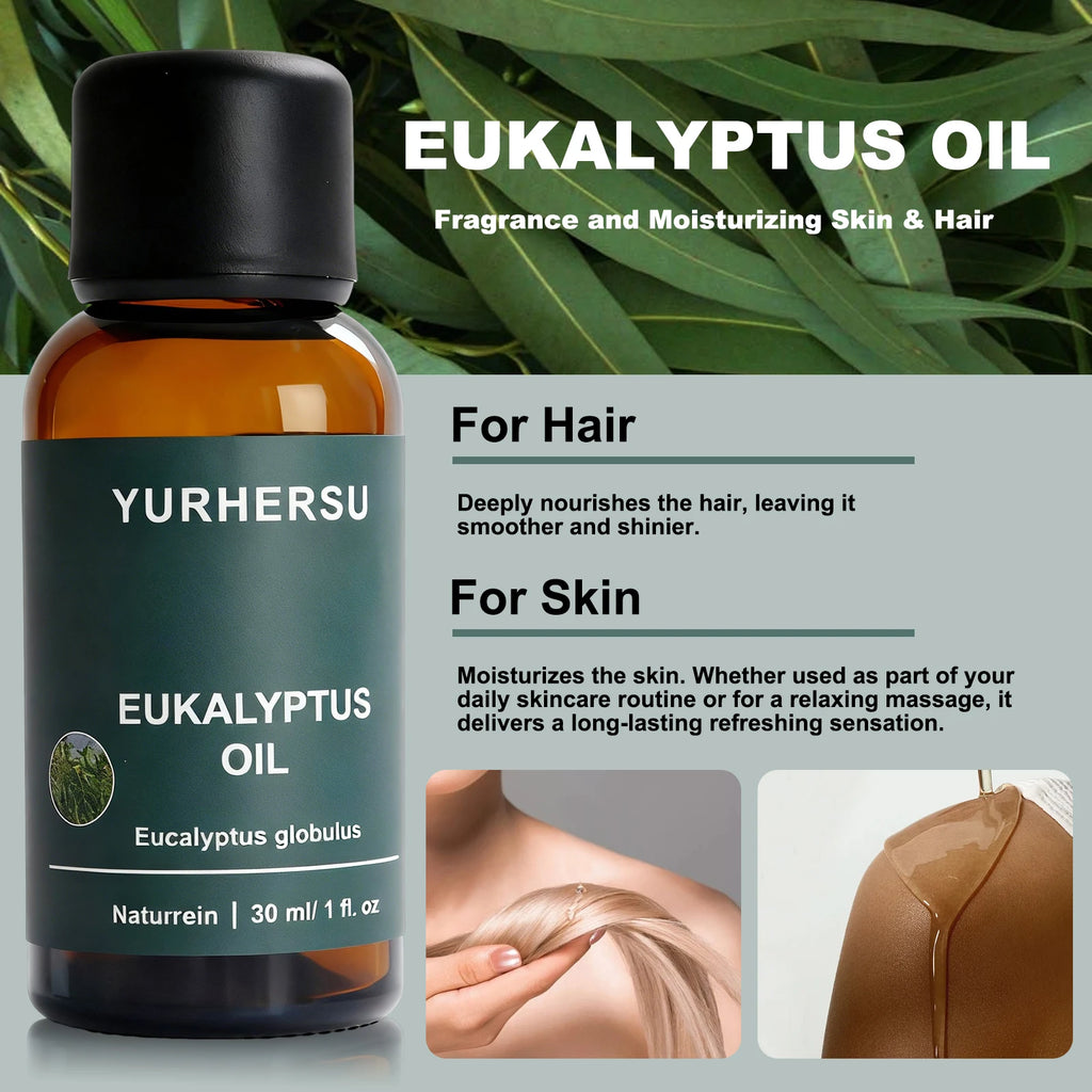 Óleo de eucalipto natural 100% puro para difusor, relaxamento, alívio frio, cuidados com a pele e cabelo, garrafa de 30ml