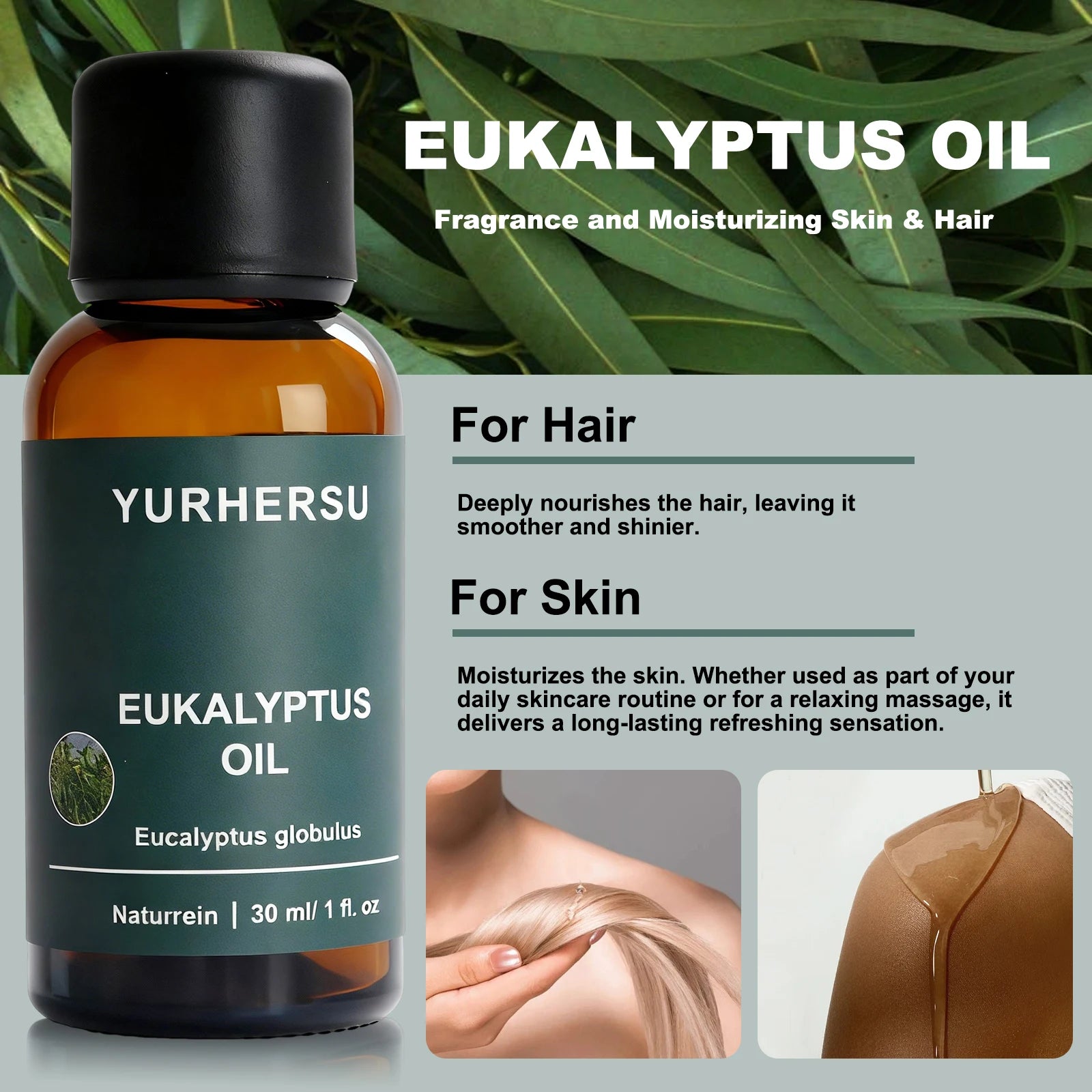 Óleo de eucalipto natural 100% puro para difusor, relaxamento, alívio frio, cuidados com a pele e cabelo, garrafa de 30ml