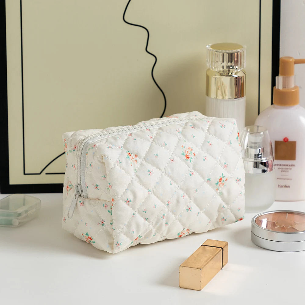 Sacos de maquiagem florais acolchoados com zíper bonito impressão flor organizador de armazenamento acessório de maquiagem saco de higiene pessoal grande saco de cosméticos feminino