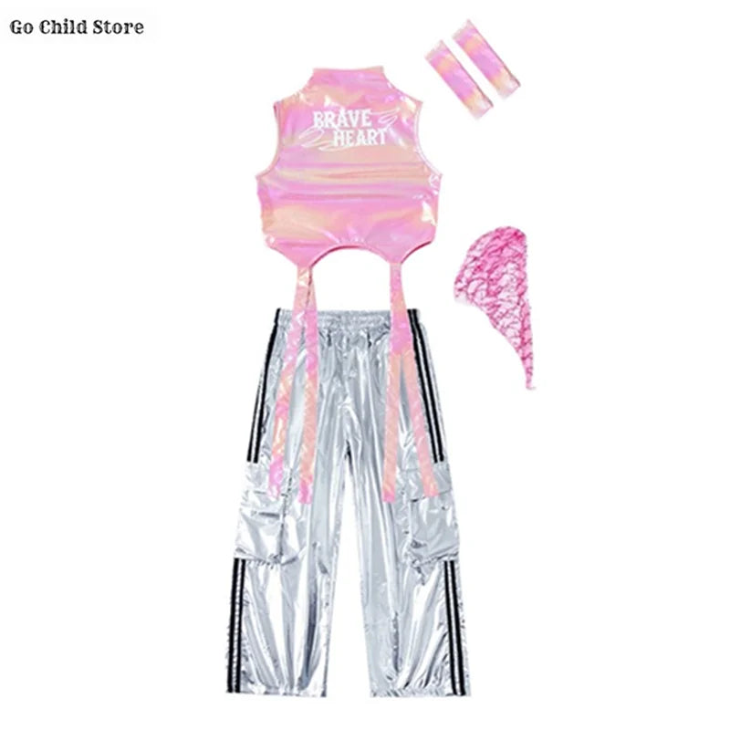 Meninas k-pop brilhante colheita superior calças de carga shorts de dança de rua crianças hip hop jazz conjuntos de roupas crianças streetwear menina grupo traje