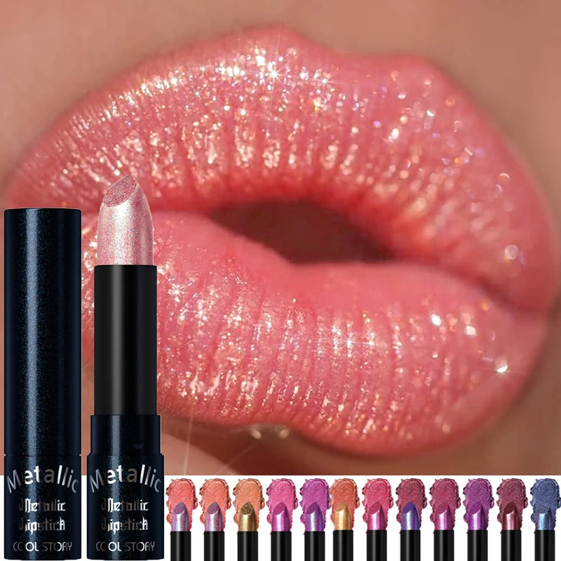 Diamante rosa batom metálico glitter batom à prova dwaterproof água brilhante perolado azul escuro vermelho fosco brilho labial halloween lábios maquiagem