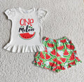 Bebê meninas boutique verão frutas roupas melancia vermelho camisa rosa dot plissado shorts atacado crianças roupas conjunto criança roupa