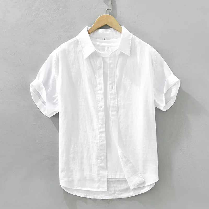 Camisa de linho de manga curta masculina, camisa respirável solta, camisa casual artística, monocromática, verão