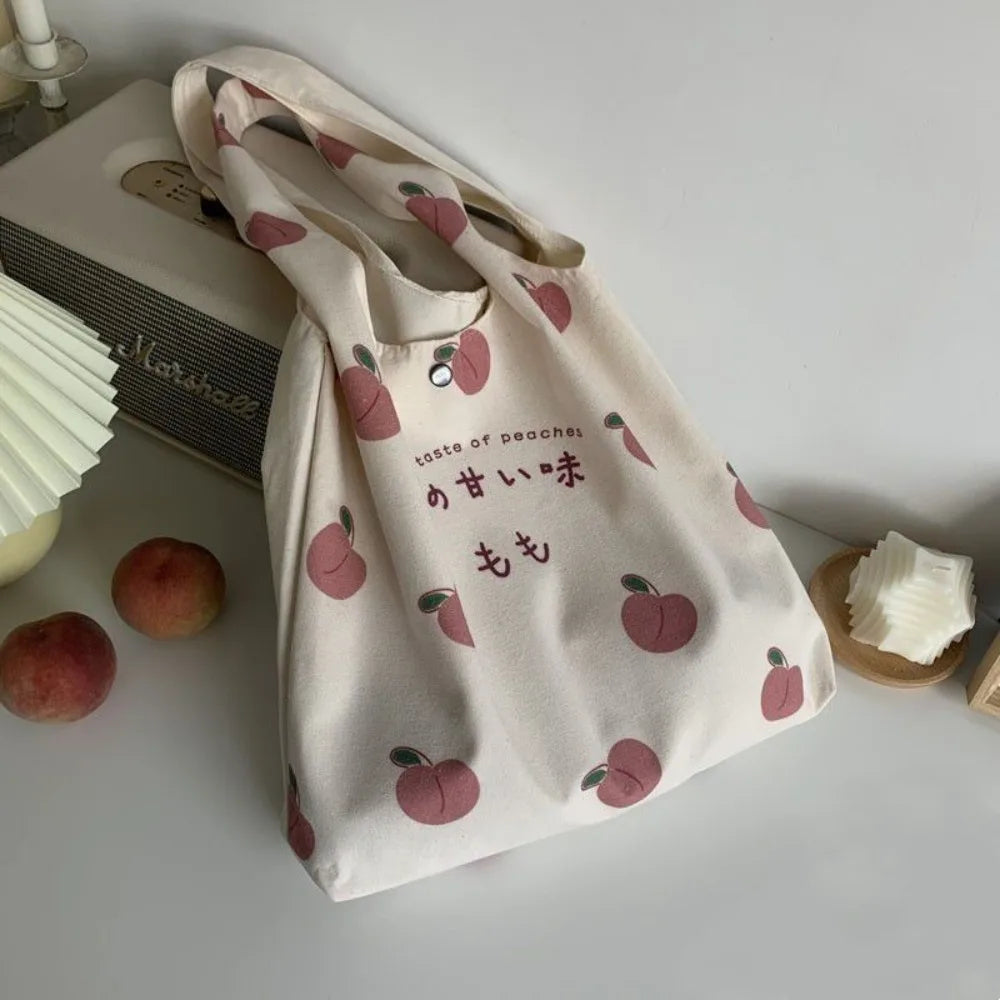 Sacola de morango bonito para meninas da escola, bolsas estéticas, bolsa Shopper Designer, mulheres Peach Print, bolsas de ombro Eco