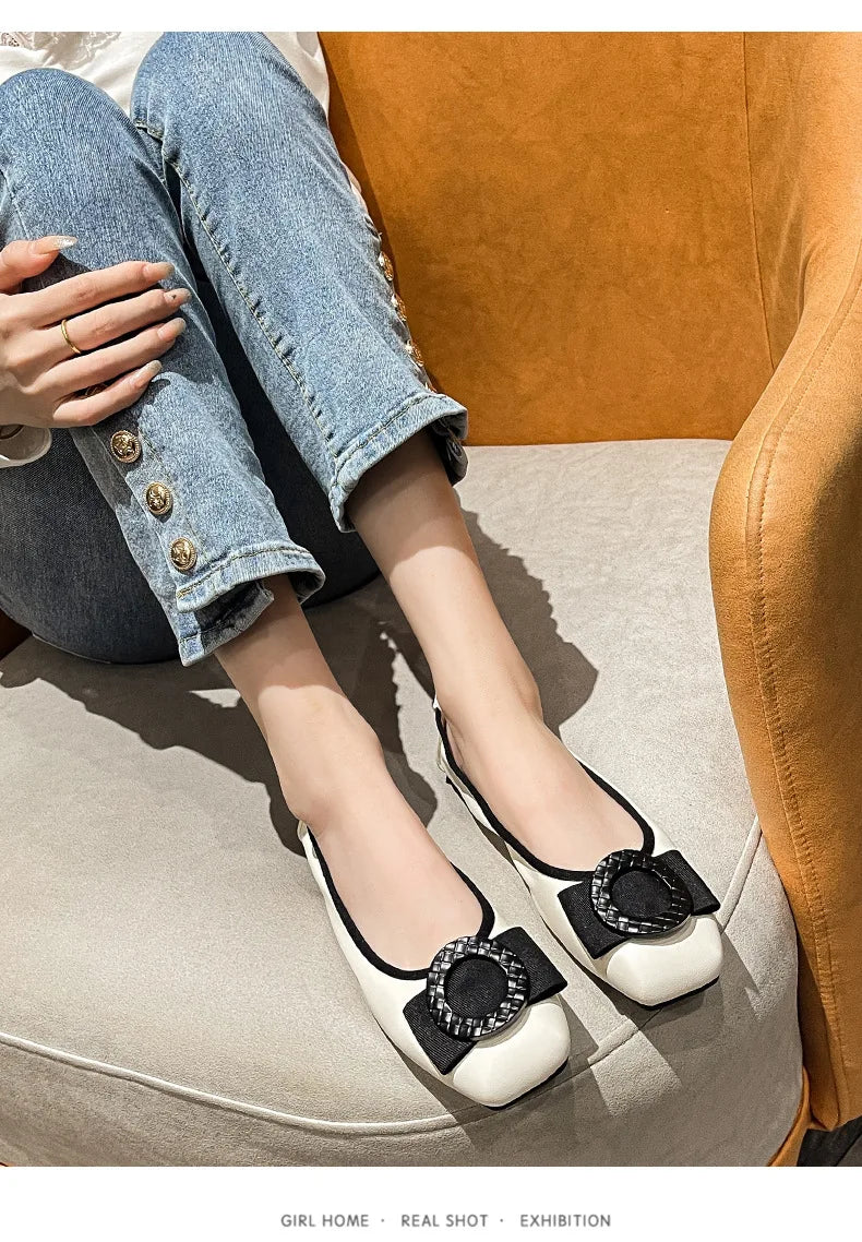 Sapatilhas de couro feminino, bombas de dedo do pé redondo, mocassins senhora do escritório, doce bowknot, sola macia, plus size, 43, 44