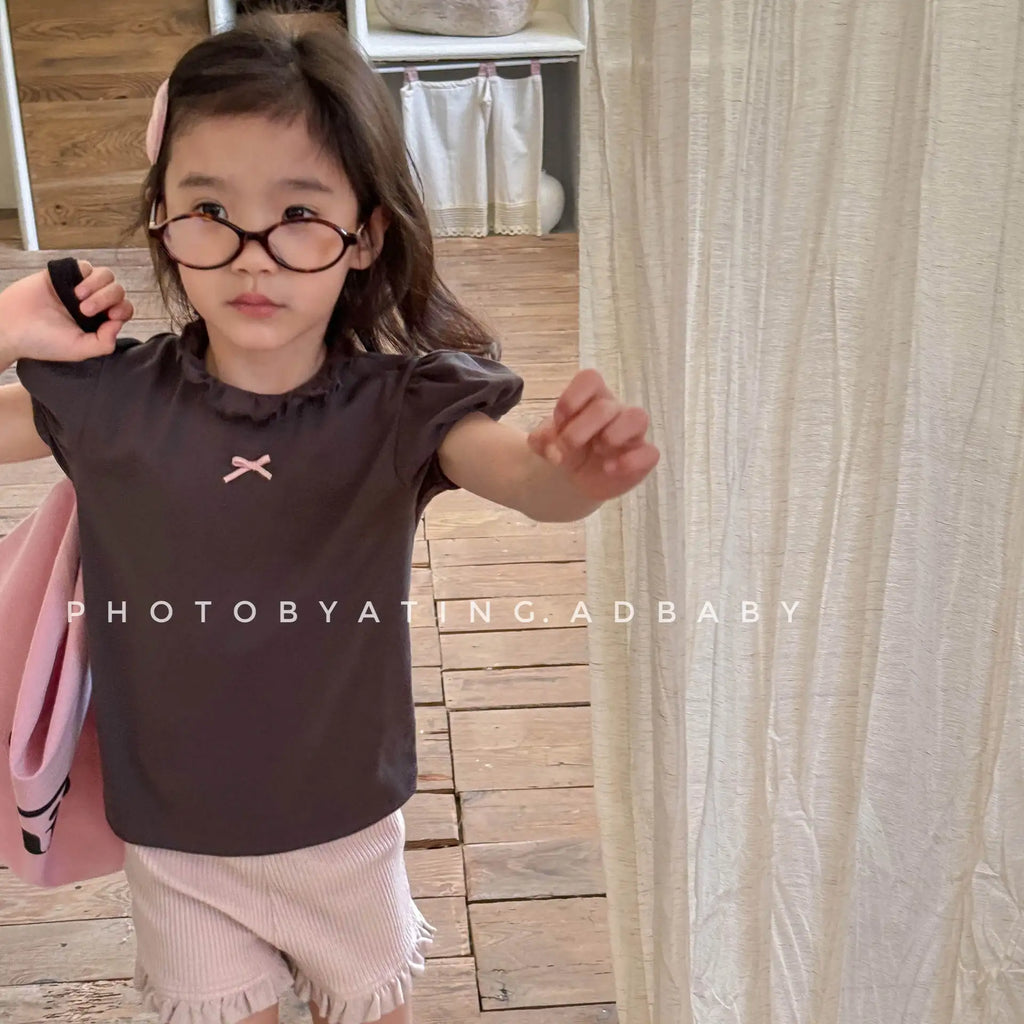 Crianças camisetas de manga curta 2025 verão novo arco dos desenhos animados impressão meninas rendas camiseta do bebê meninas algodão casual topos crianças roupas