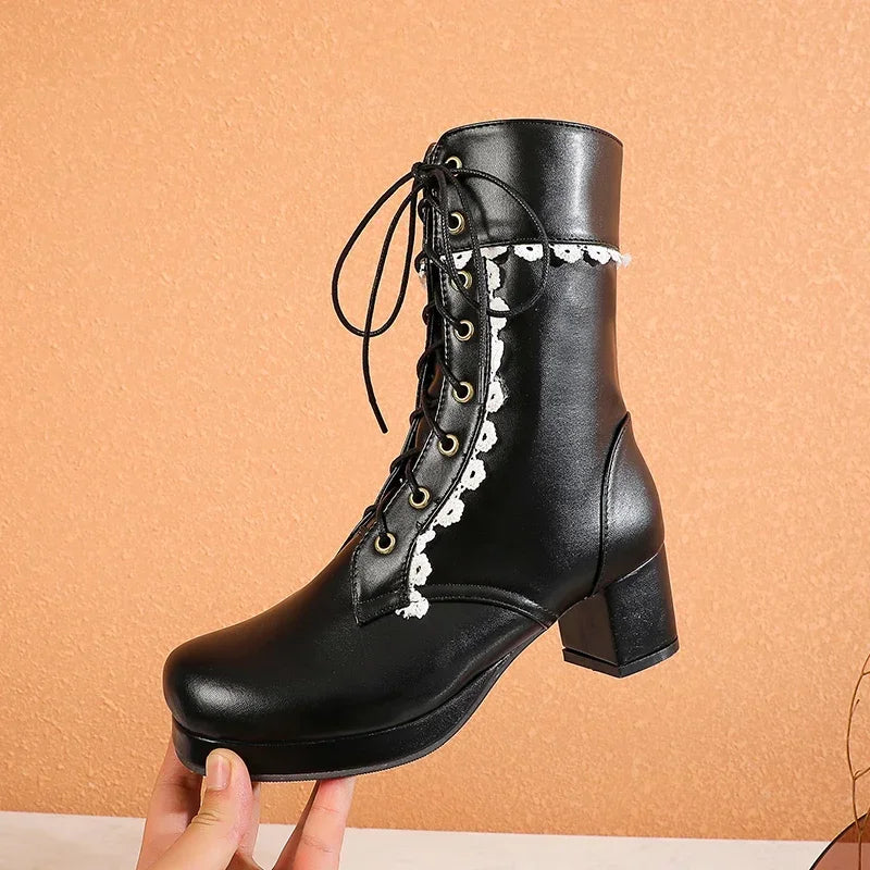 Moda feminina lolita meados de bezerro botas outono inverno elegante senhora cosplay sapatos de festa plataformas couro plus size botas dropship