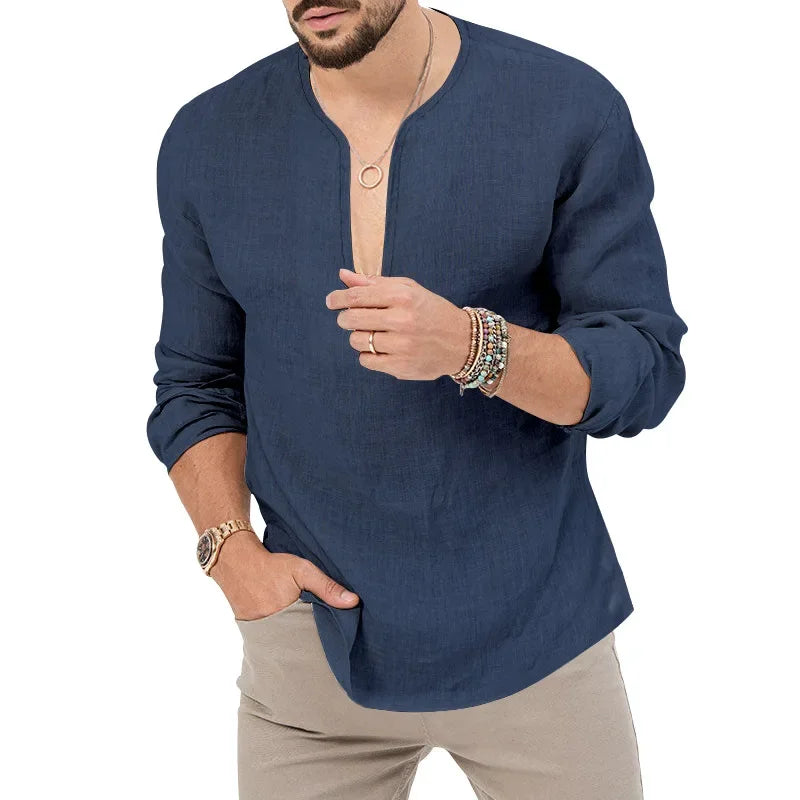 Camiseta Masculina de Linho de Manga Longa 2026 Henry, Slim Fit, Cor Sólida, Tamanho Grande Europeu e Americano, Gola V Profunda