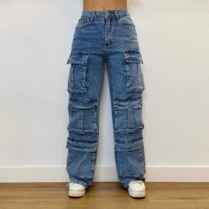 Cpsymym jeans de trabalho feminino com broca brilhante chique vários bolsos botão de cintura alta feminino jean primavera verão y2k senhora streetwear