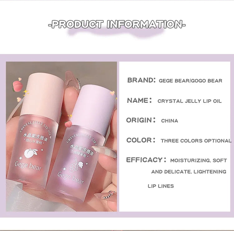 Óleo Labial Gege Bear Crystal Jelly Fruit com Pêssego, Uva e Abacate, Hidratante, Nutritivo e Clareador de Linhas Labiais