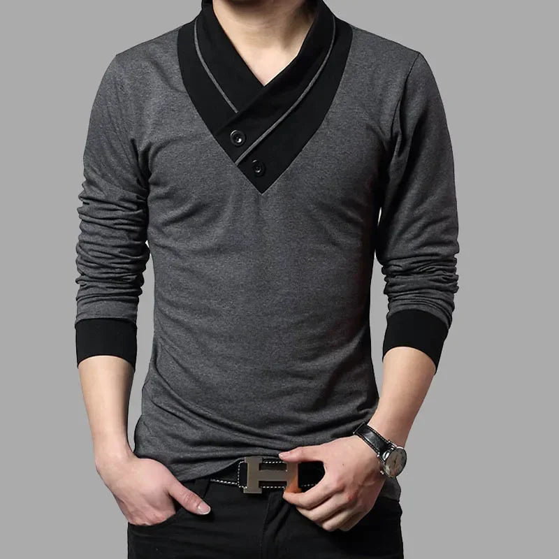 Camiseta Masculina Slim Fit de Manga Longa com Gola em Patchwork e Decote V, Tendência de Moda 2026, Camiseta de Algodão Plus Size 5XL