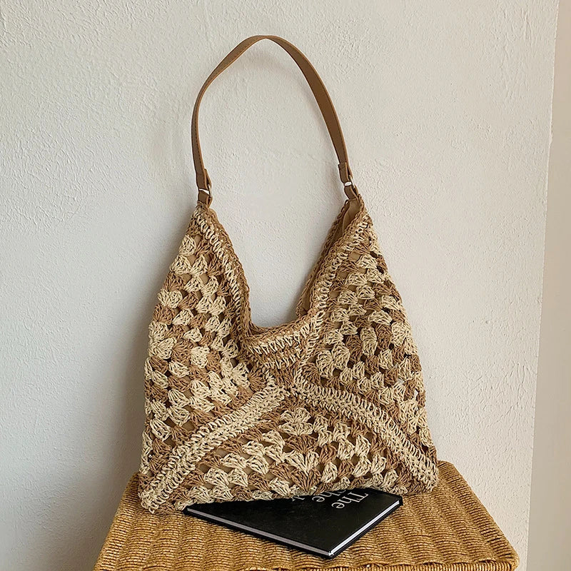 Bolsa de ombro de palha tecida feminina popular bolsa de tamanho médio com alça para férias na praia
