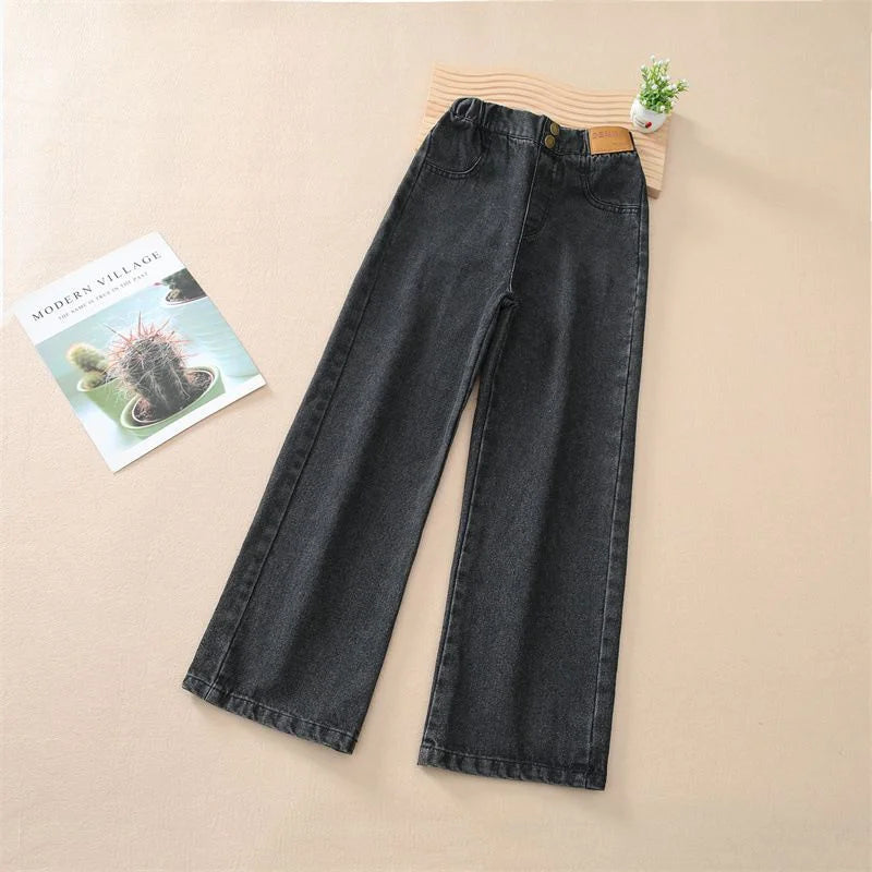 Jeans casuais soltos para meninas, calças longas retas para a escola, perna larga, para crianças de 5 a 14 anos, outono