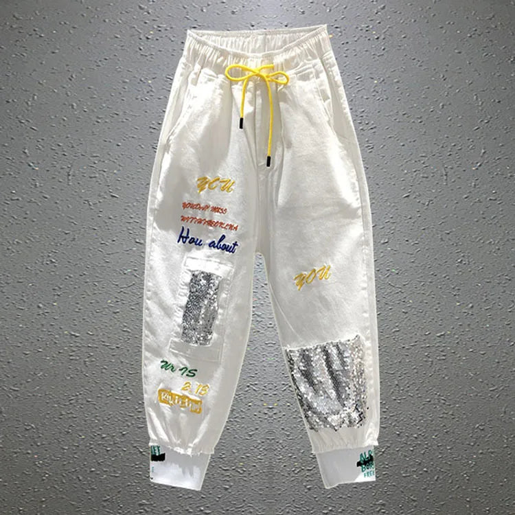 Jeans rasgado feminino, calça estampada com letras de rock feminino, calça de verão, Capris BF Jeans, rua alta, novo