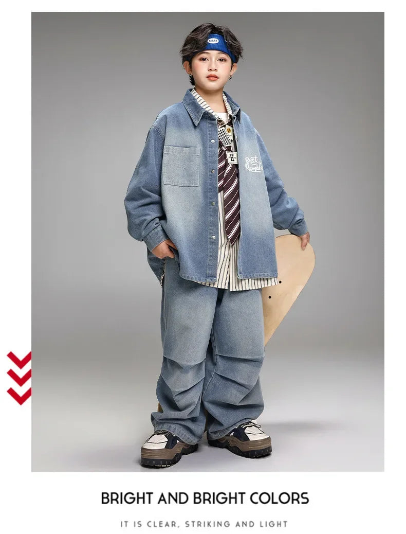 Crianças menino menina solta casual streetwear moda hip hop crianças denim camisa calça jeans define ternos agasalho roupas de palco traje