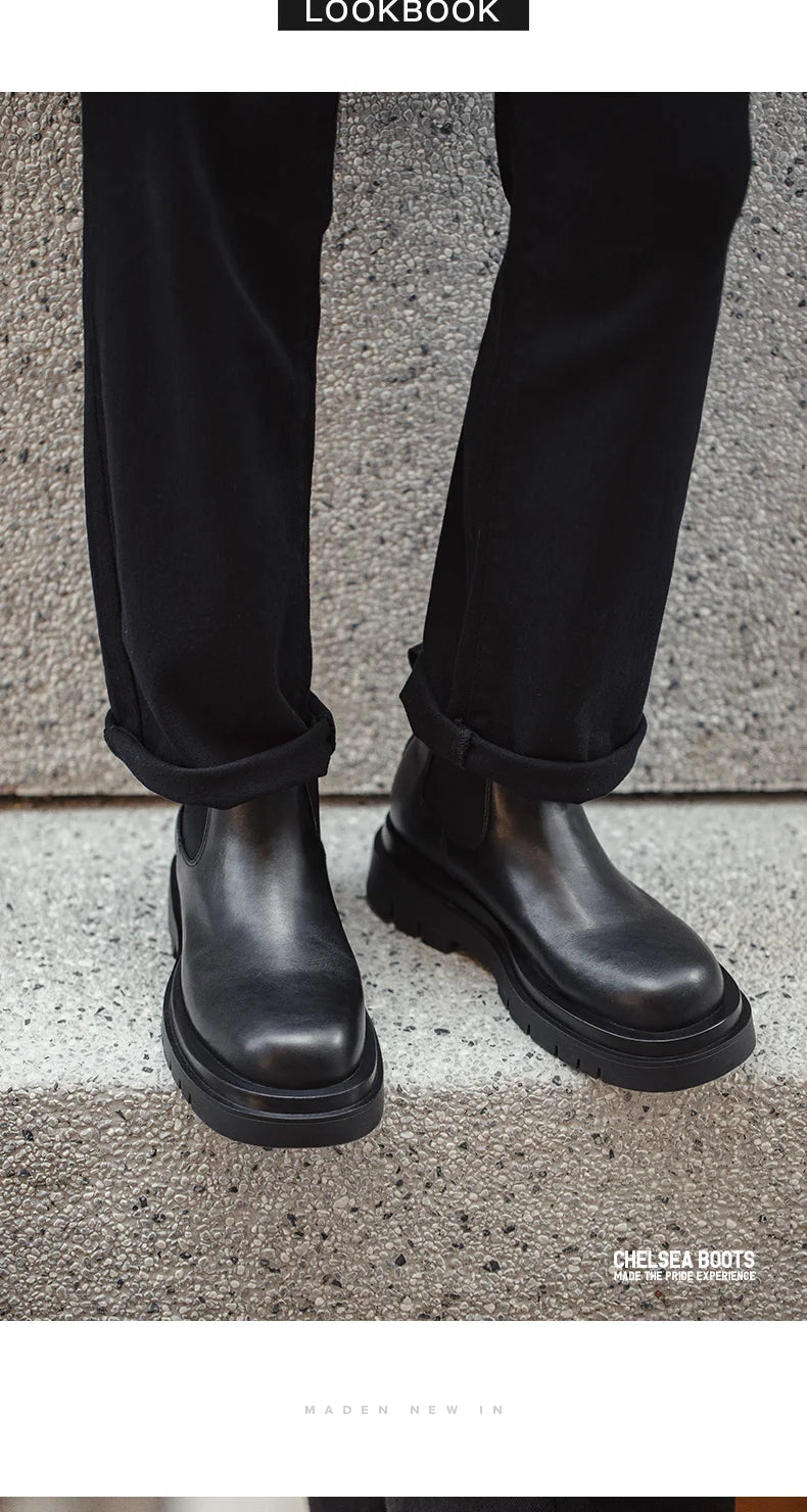 Botas Chelsea Vintage Masculinas Maden, Estilo Britânico, Botas Altas Pretas com Bico Redondo, Calçados Clássicos para Outono e Inverno