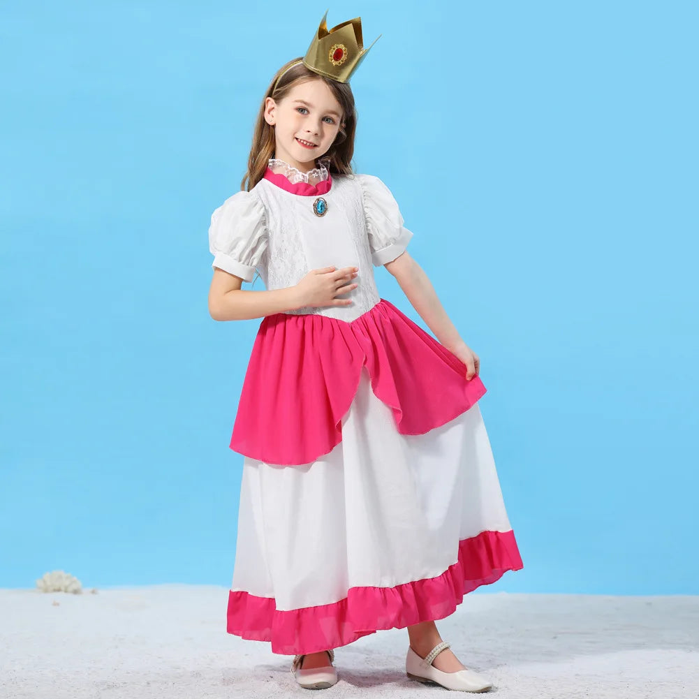 Pêssego rosalina vestido meninas margarida cosplay roupas crianças halloween vestir-se roupas de verão rendas applique princesa traje