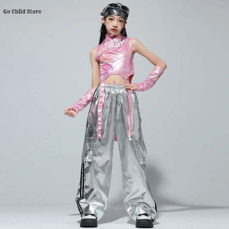 Meninas k-pop brilhante colheita superior calças de carga shorts de dança de rua crianças hip hop jazz conjuntos de roupas crianças streetwear menina grupo traje