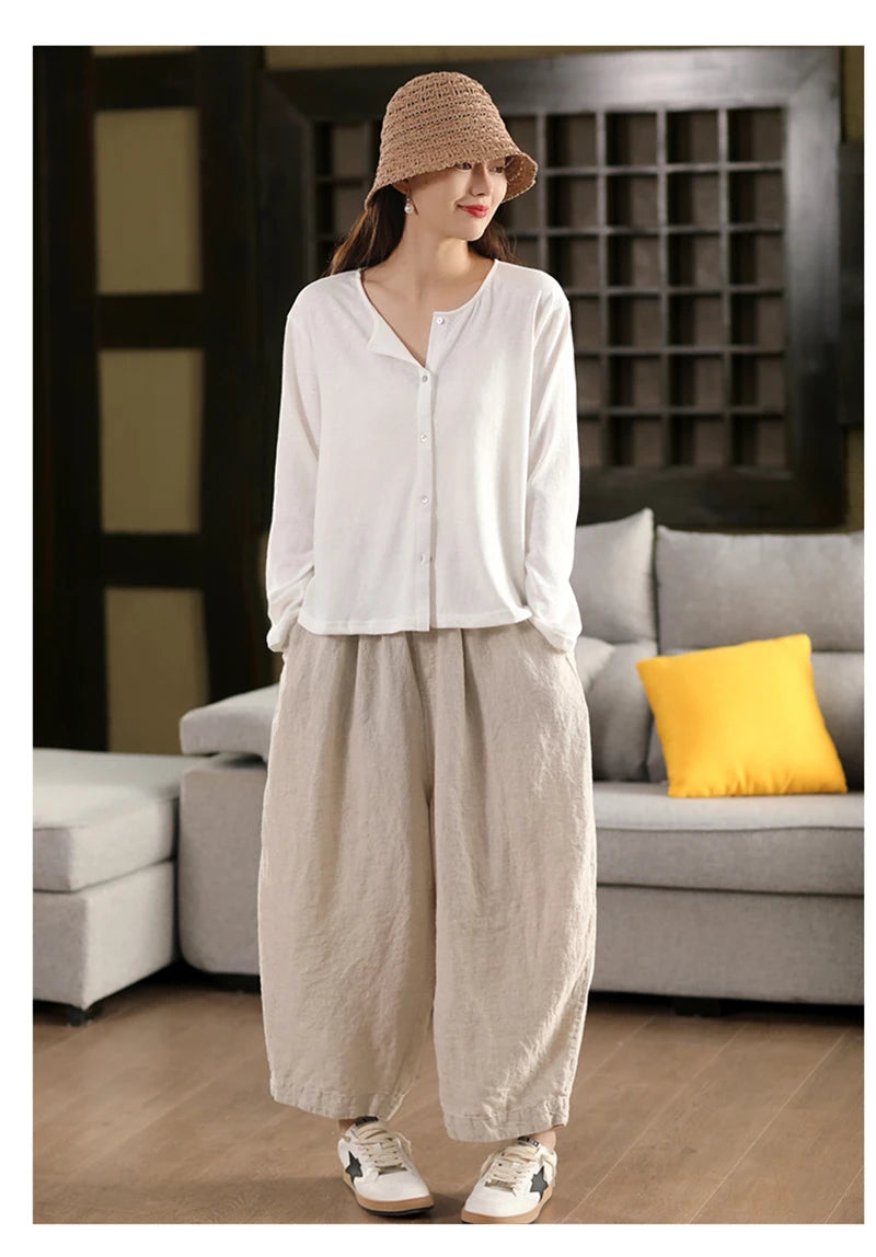 Calças compridas femininas de linho puro natural, estilo solto e retrô, calças largas, roupas de tamanho grande, casuais ao ar livre, confortáveis e legais