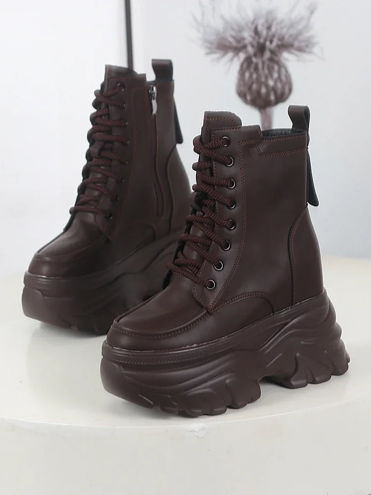 12cm outono plataforma botas de tornozelo feminino sapatos grossos rendas tênis mulher botas de couro sapatos de caminhada